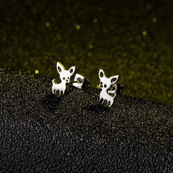 Silver Chihuahua Minimalist Stainless Steel Stud Earrings With Gift Bag - Picture 5 of 8